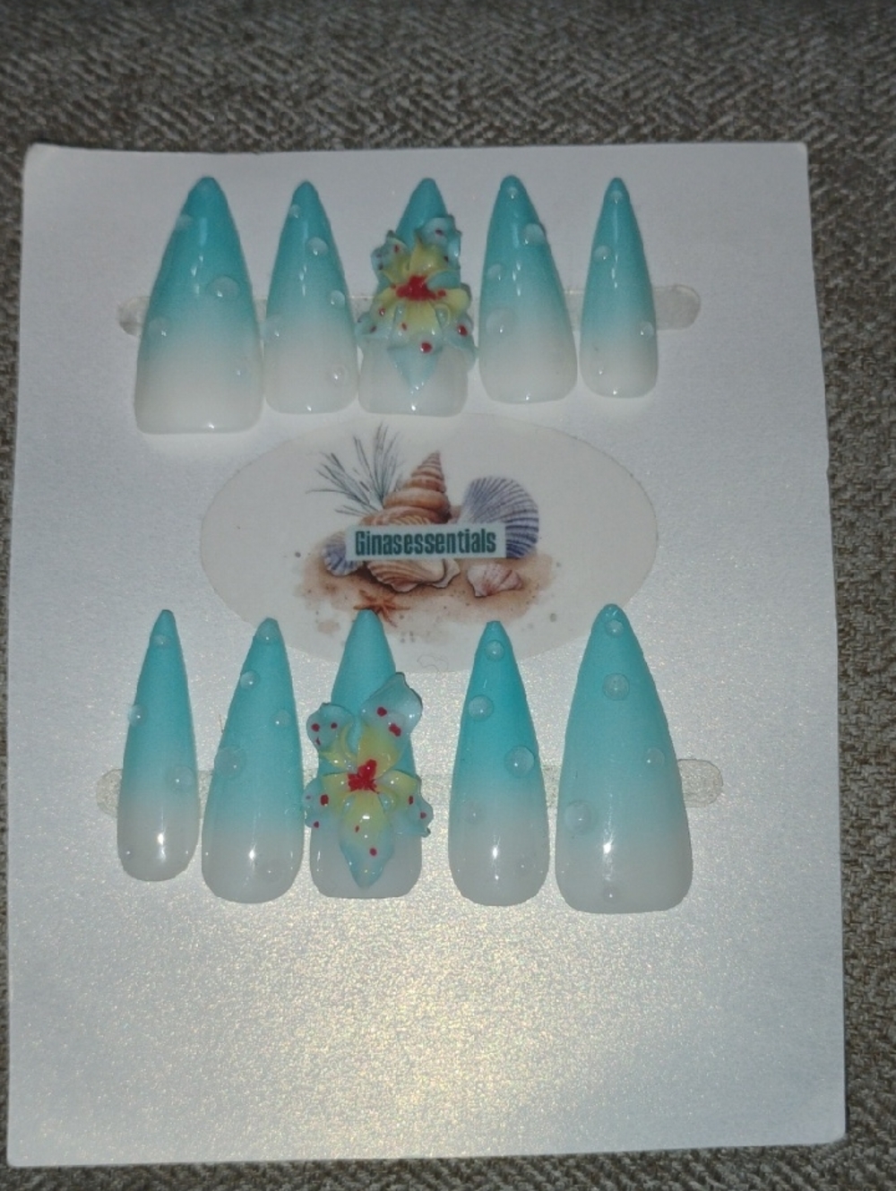 Essentials Aqua Ombre Press-On Nails with 3D Floral Accents